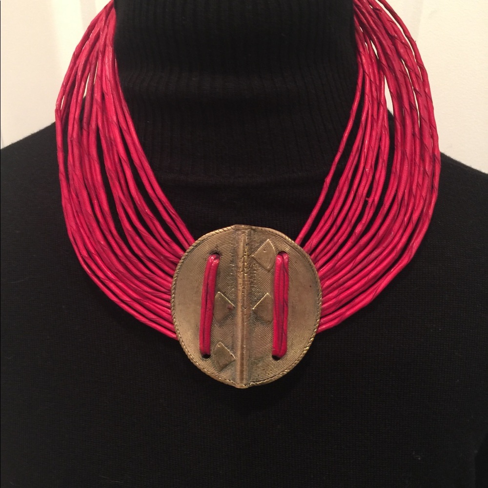 Bright red/brass leather neck wear